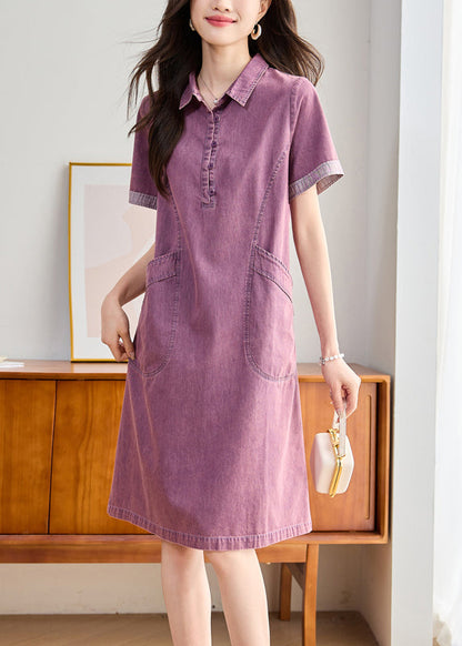 Fitted Purple Peter Pan Collar Pockets Denim Day Dress Summer