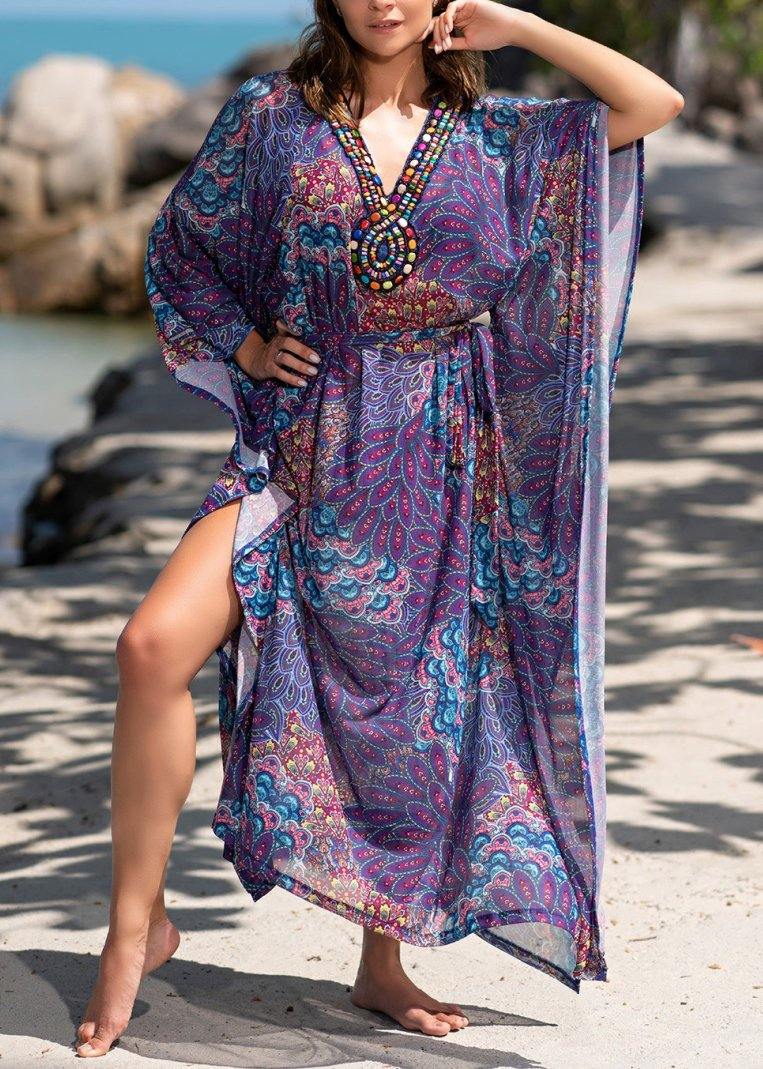 Fitted Purple Print V Neck Beach Gown Holiday Dress Summer - SooLinen