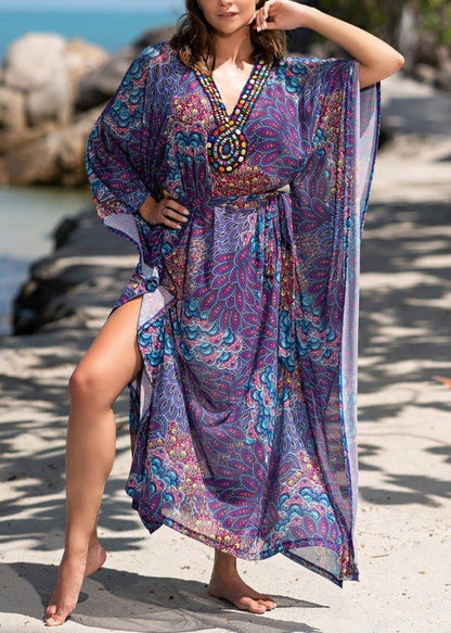 Fitted Purple Print V Neck Beach Gown Holiday Dress Summer - SooLinen