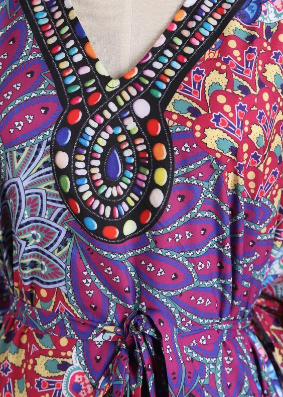 Fitted Purple Print V Neck Beach Gown Holiday Dress Summer - SooLinen