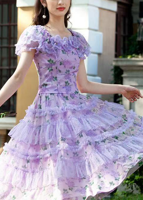 Fitted Purple Ruffled Print Chiffon Two Piece Set Outfits Summer