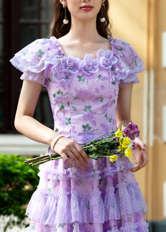 Fitted Purple Ruffled Print Chiffon Two Piece Set Outfits Summer