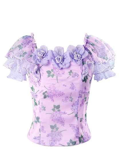 Fitted Purple Ruffled Print Chiffon Two Piece Set Outfits Summer