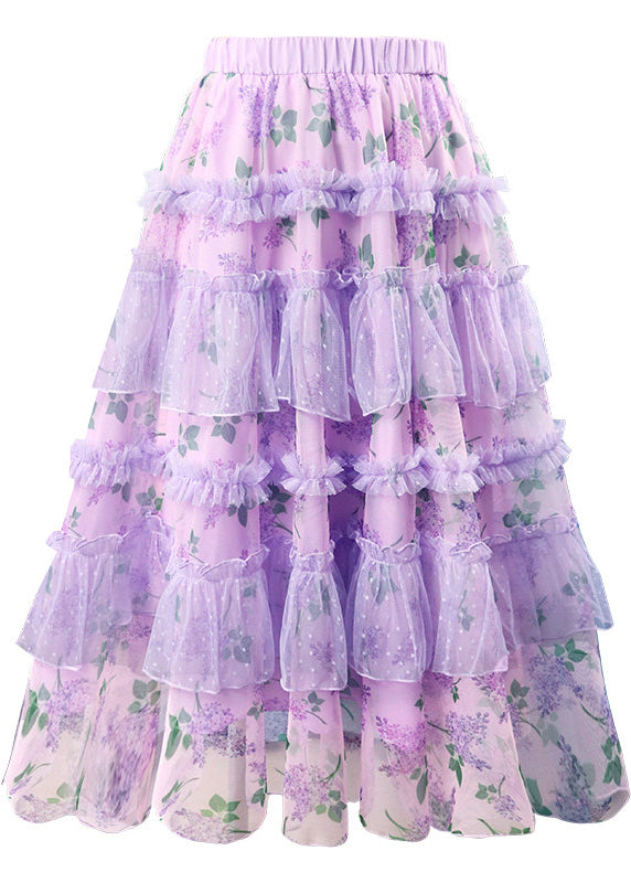Fitted Purple Ruffled Print Chiffon Two Piece Set Outfits Summer