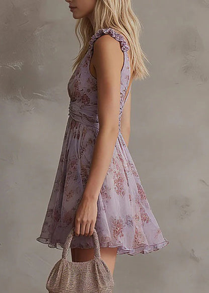 Fitted Purple V Neck Wrinkled Chiffon Mid Dress Summer