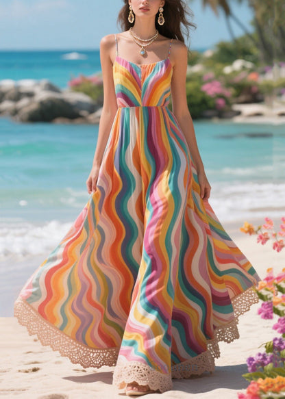 Fitted Rainbow Patchwork Lace Exra Large Hem Cotton Cami Dresses Summer