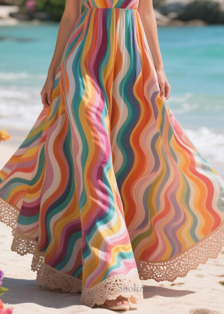 Fitted Rainbow Patchwork Lace Exra Large Hem Cotton Cami Dresses Summer