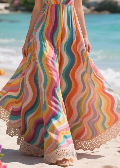 Fitted Rainbow Patchwork Lace Exra Large Hem Cotton Cami Dresses Summer