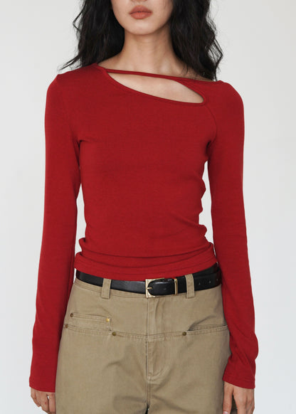 Fitted Red Asymmetrical Cotton Blouses Fall