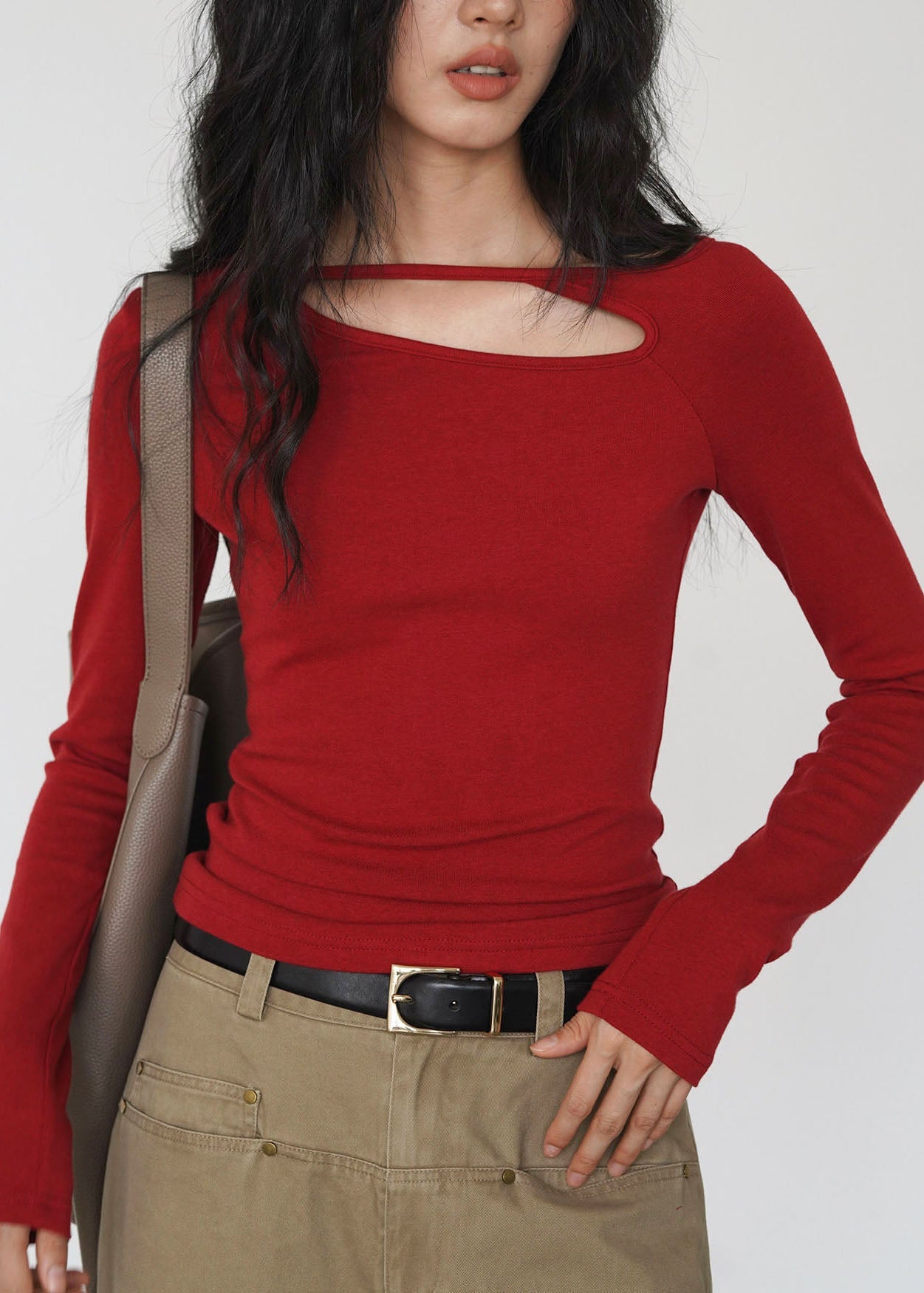 Fitted Red Asymmetrical Cotton Blouses Fall