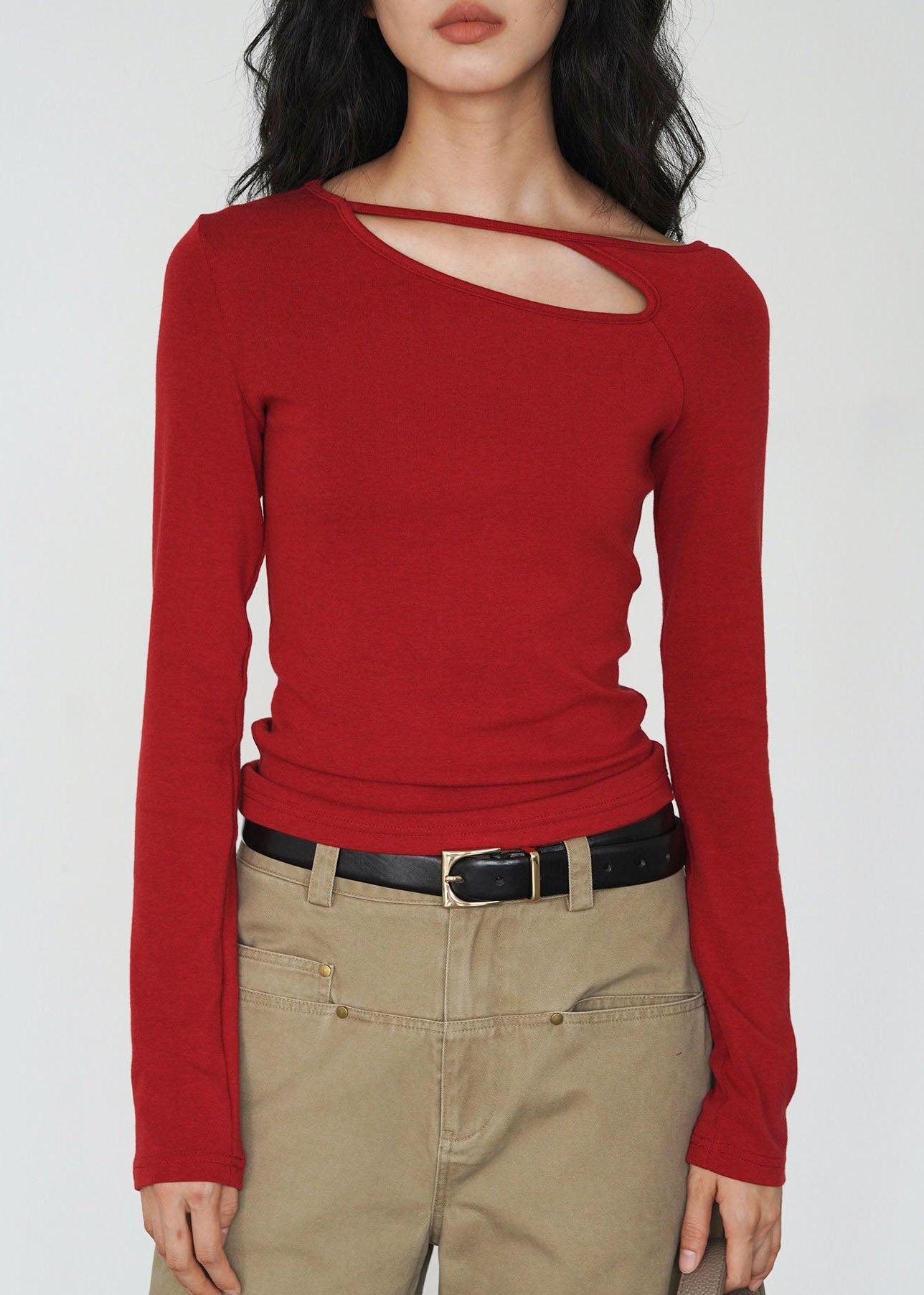 Fitted Red Asymmetrical Cotton Blouses Fall