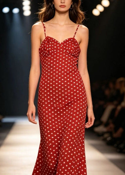 Fitted Red Cold Shoulder Dot Flattering Long Spaghetti Strap Sleeveless