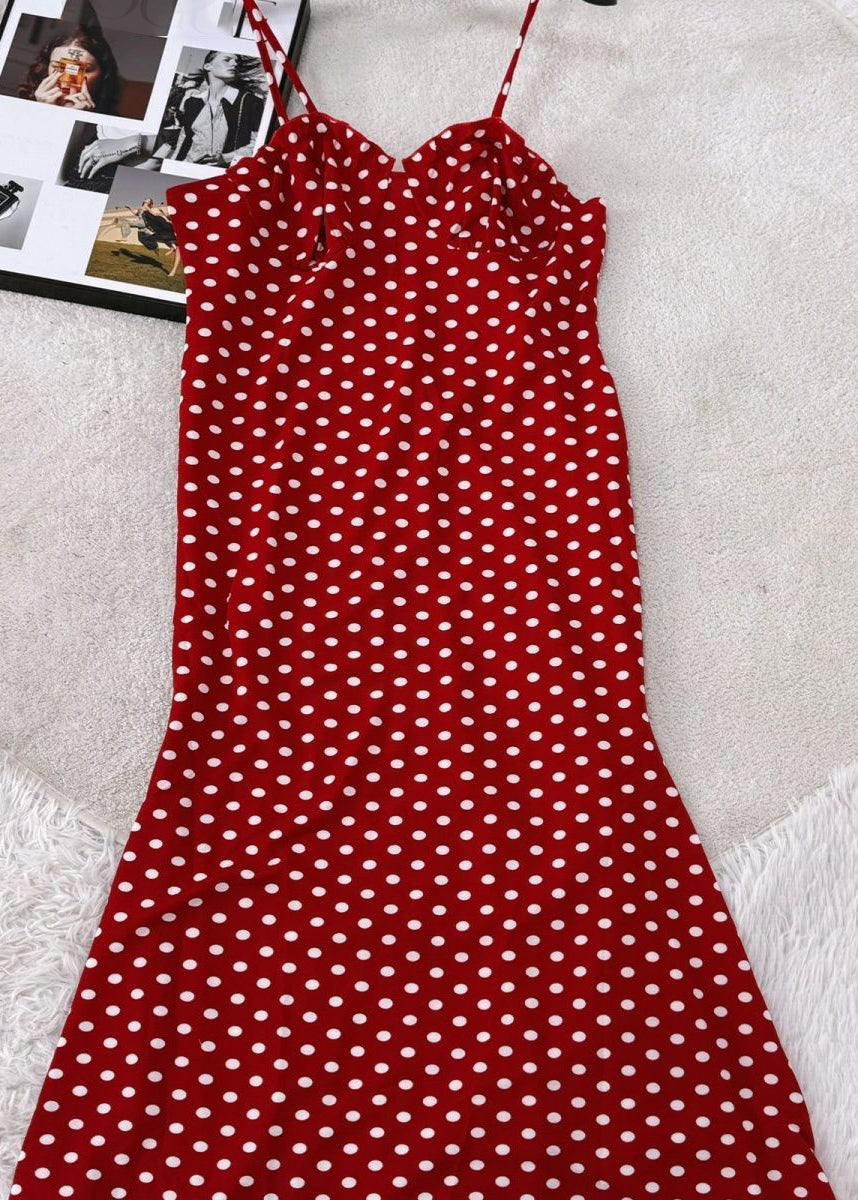 Fitted Red Cold Shoulder Dot Flattering Long Spaghetti Strap Sleeveless