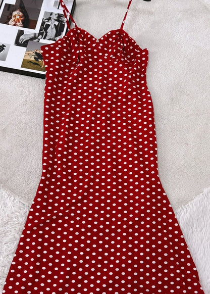 Fitted Red Cold Shoulder Dot Flattering Long Spaghetti Strap Sleeveless