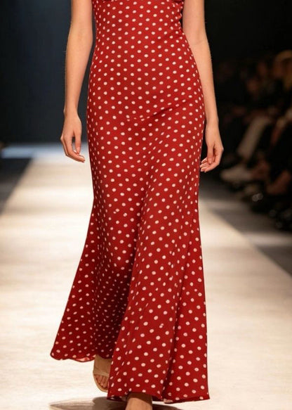 Fitted Red Cold Shoulder Dot Flattering Long Spaghetti Strap Sleeveless