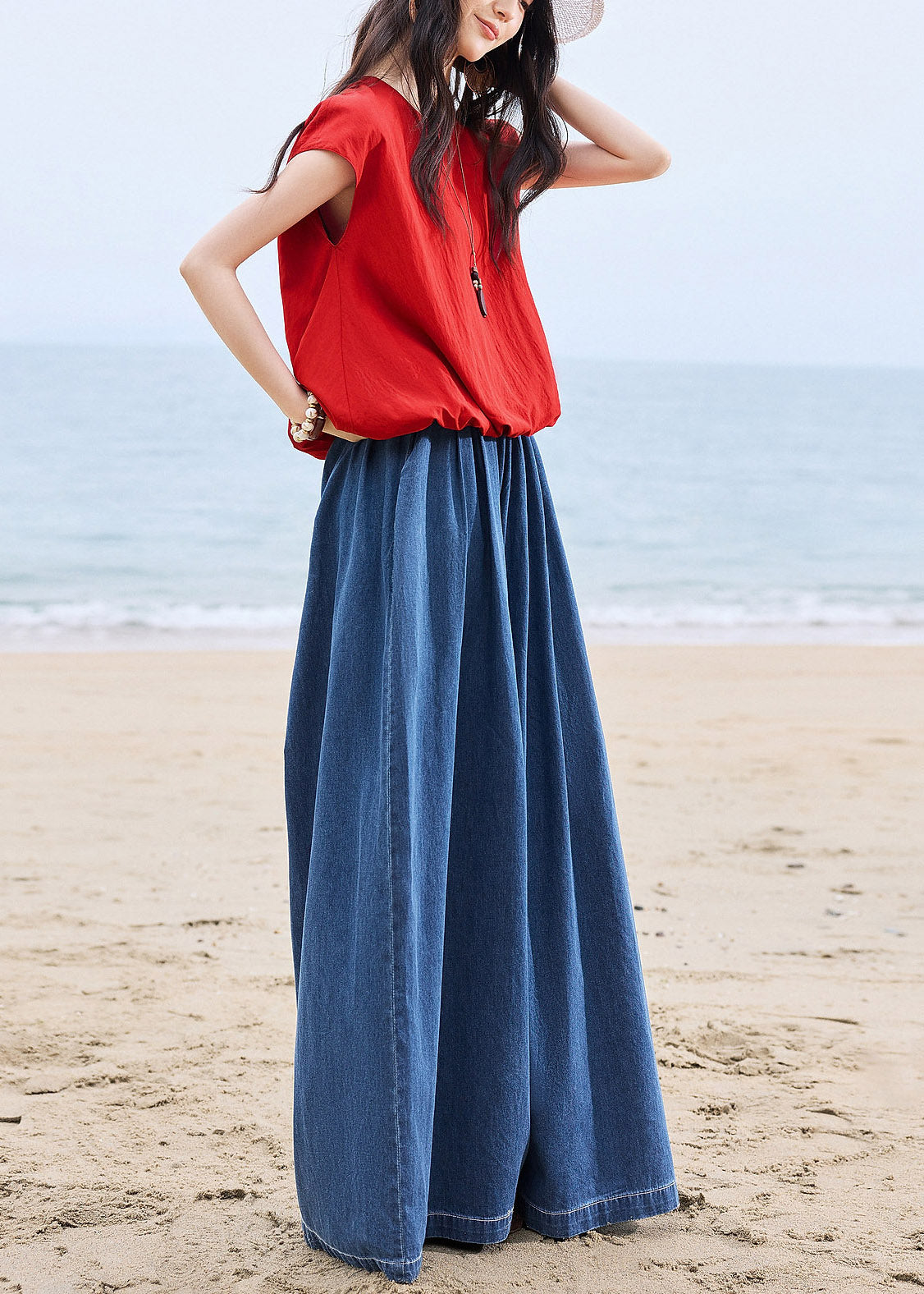 Fitted Red O-Neck T Shirts And Wide Leg Jeans Two Piece Set Short Sleeve