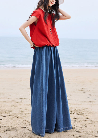 Fitted Red O-Neck T Shirts And Wide Leg Jeans Two Piece Set Short Sleeve