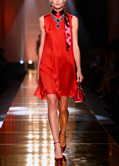 Fitted Red Oversized Draping Chiffon Holiday Dress Summer