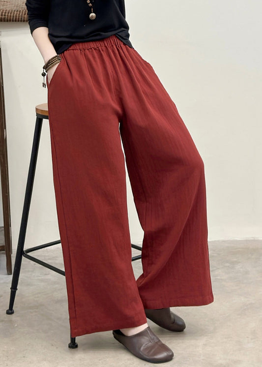 Fitted Red Oversized Pockets Linen Straight Pants Summer