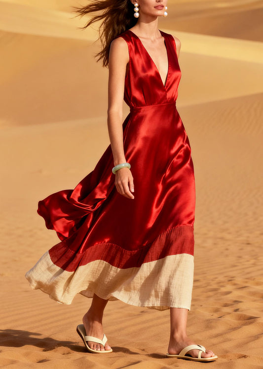 Fitted Red V Neck Patchwork Silk Dress Summer