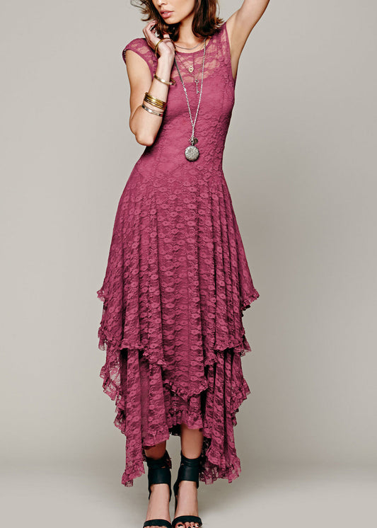 Fitted Rose Asymmetrical Hollow Out Lace Long Dress Summer