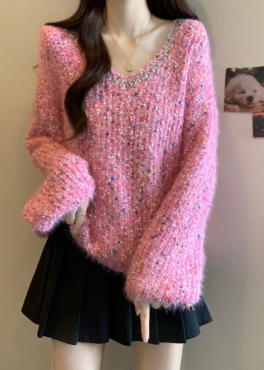 Fitted Rose Oversized Rhinestone Knit Short Sweater Fall