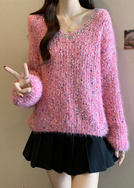 Fitted Rose Oversized Rhinestone Knit Short Sweater Fall