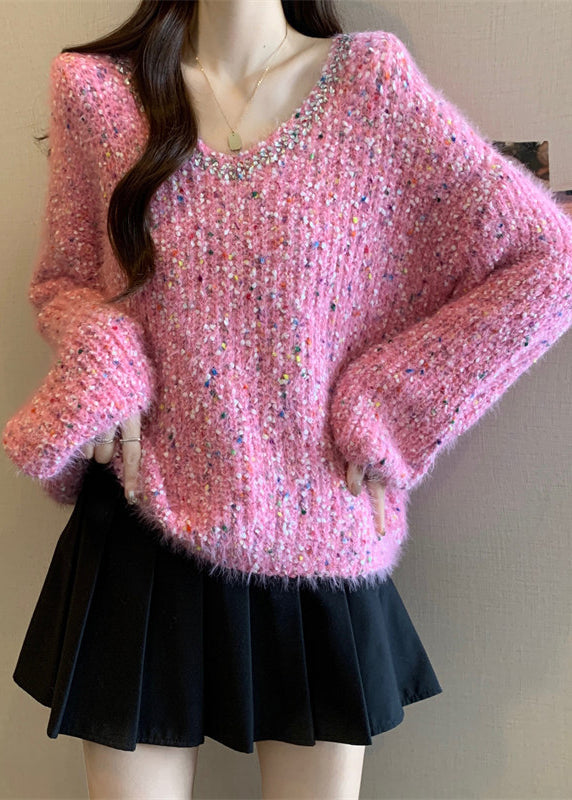 Fitted Rose Oversized Rhinestone Knit Short Sweater Fall