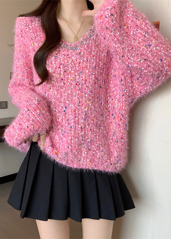 Fitted Rose Oversized Rhinestone Knit Short Sweater Fall