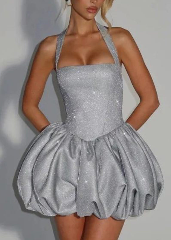 Fitted Silver Patchwork Tie Waist Mini Dress Sleeveless