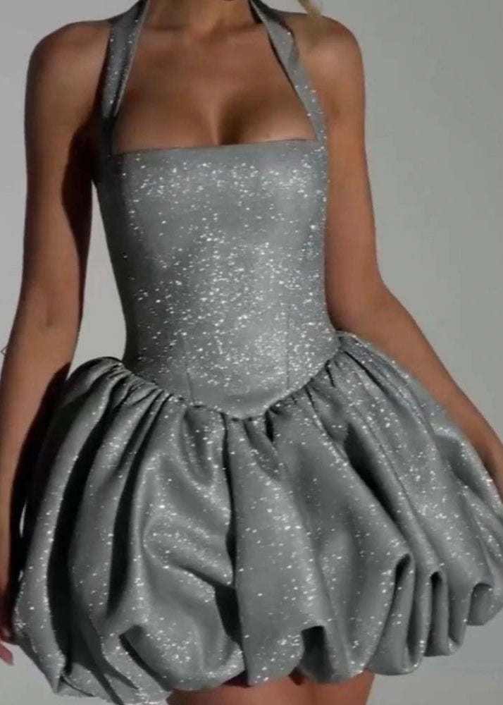 Fitted Silver Patchwork Tie Waist Mini Dress Sleeveless