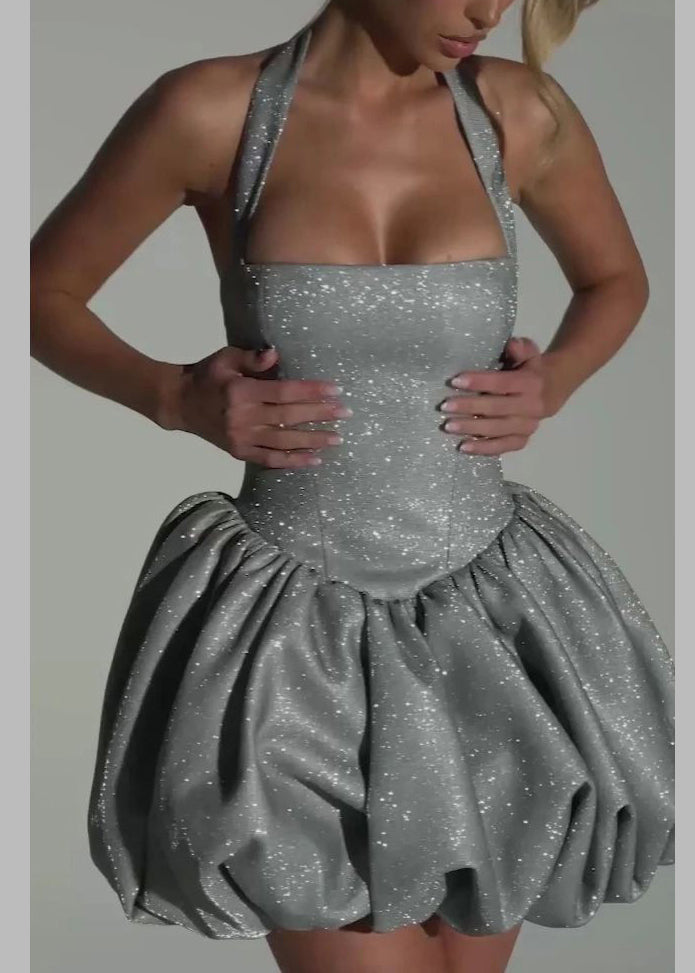 Fitted Silver Patchwork Tie Waist Mini Dress Sleeveless