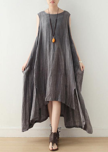 Fitted Sleeveless Linen Grey Side Open Summer Dress - SooLinen