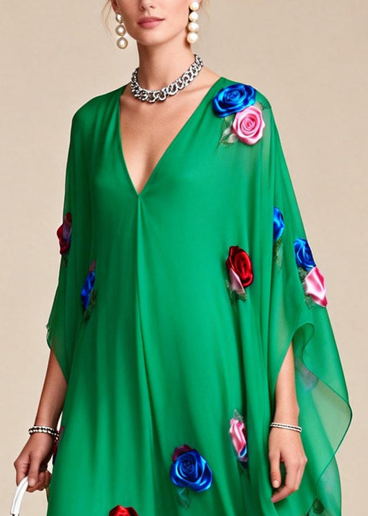 Fitted Tea Green Oversized Floral Chiffon Maxi Dress Summer