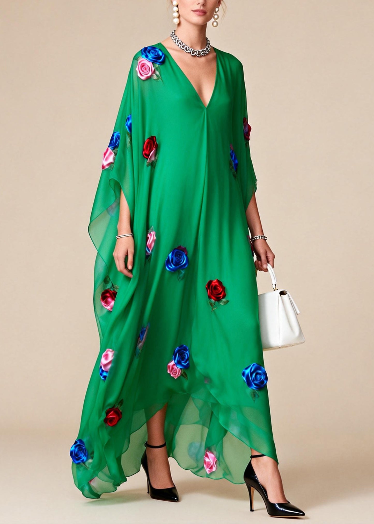Fitted Tea Green Oversized Floral Chiffon Maxi Dress Summer