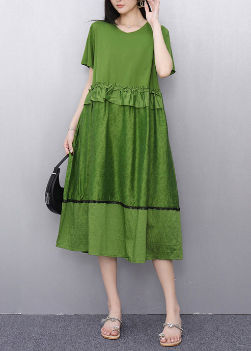 Fitted Tea Green Ruffled Patchwork Dresses Summer
