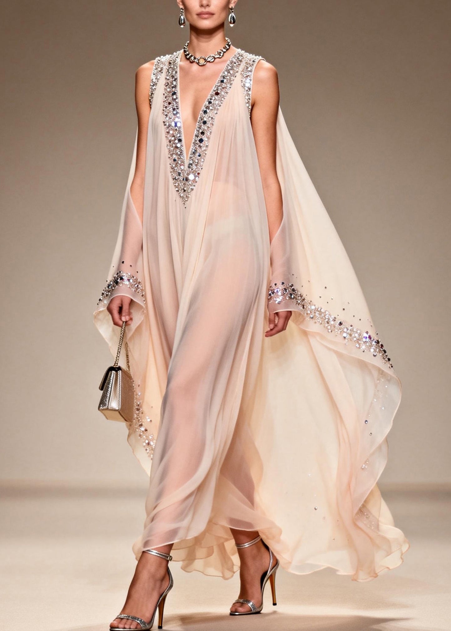 Fitted V Neck Cold Shoulder Zircon Chiffon Dress Summer