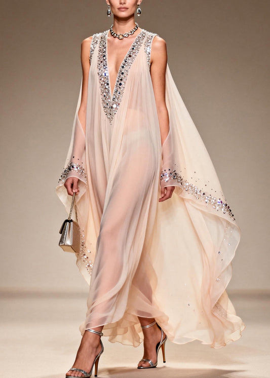 Fitted V Neck Cold Shoulder Zircon Chiffon Dress Summer