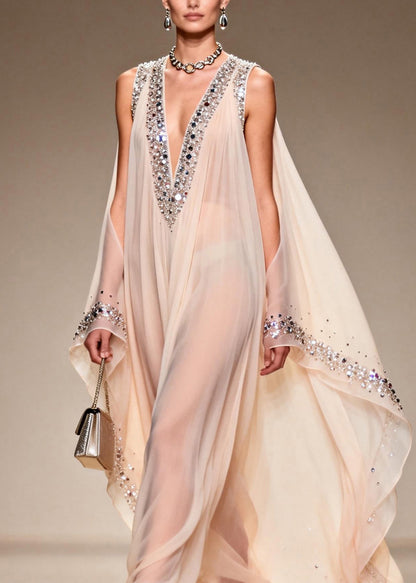 Fitted V Neck Cold Shoulder Zircon Chiffon Dress Summer