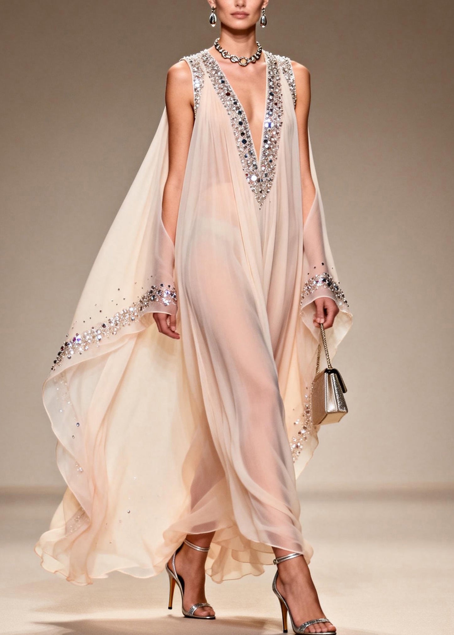 Fitted V Neck Cold Shoulder Zircon Chiffon Dress Summer
