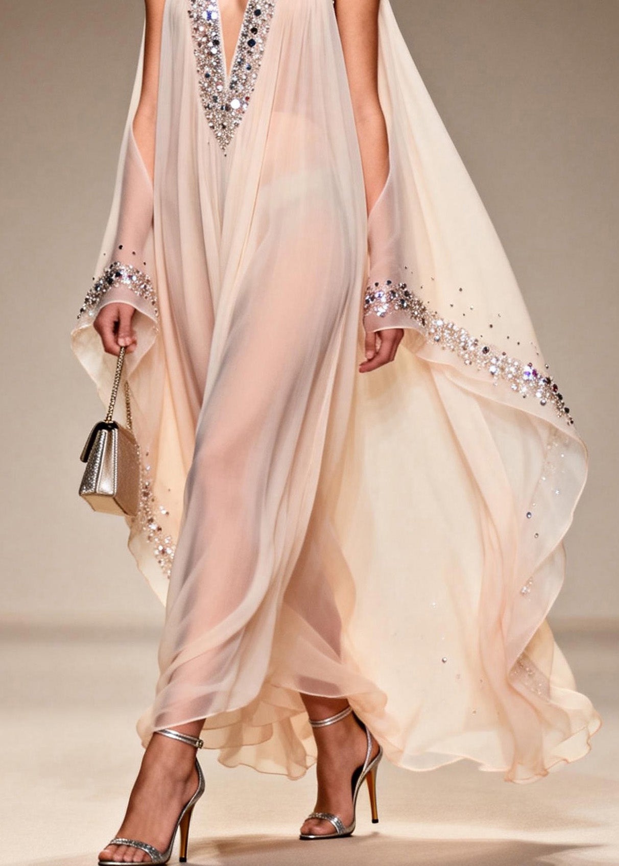 Fitted V Neck Cold Shoulder Zircon Chiffon Dress Summer