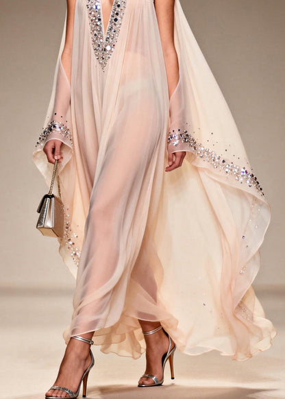 Fitted V Neck Cold Shoulder Zircon Chiffon Dress Summer