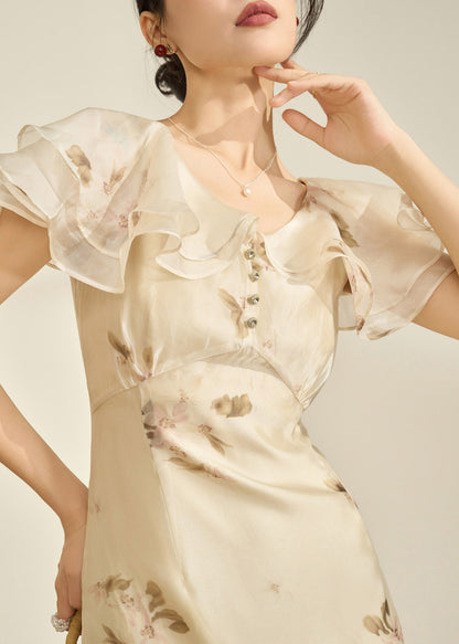 Fitted V Neck Patchwork Chiffon Long Fish-Tail Dresses Flare Sleeve