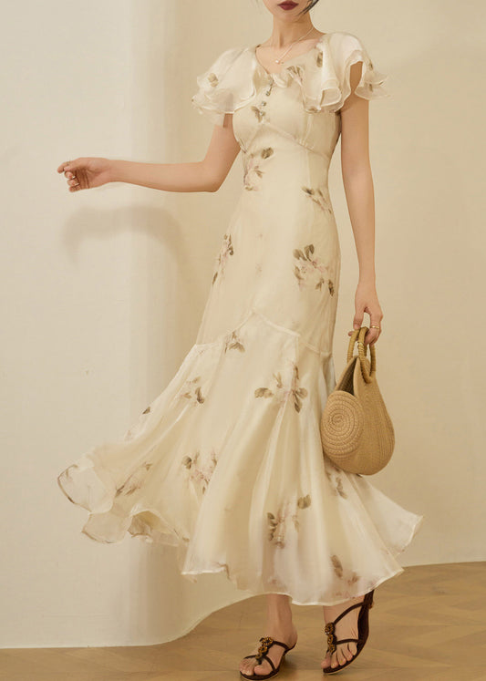 Fitted V Neck Patchwork Chiffon Long Fish-Tail Dresses Flare Sleeve