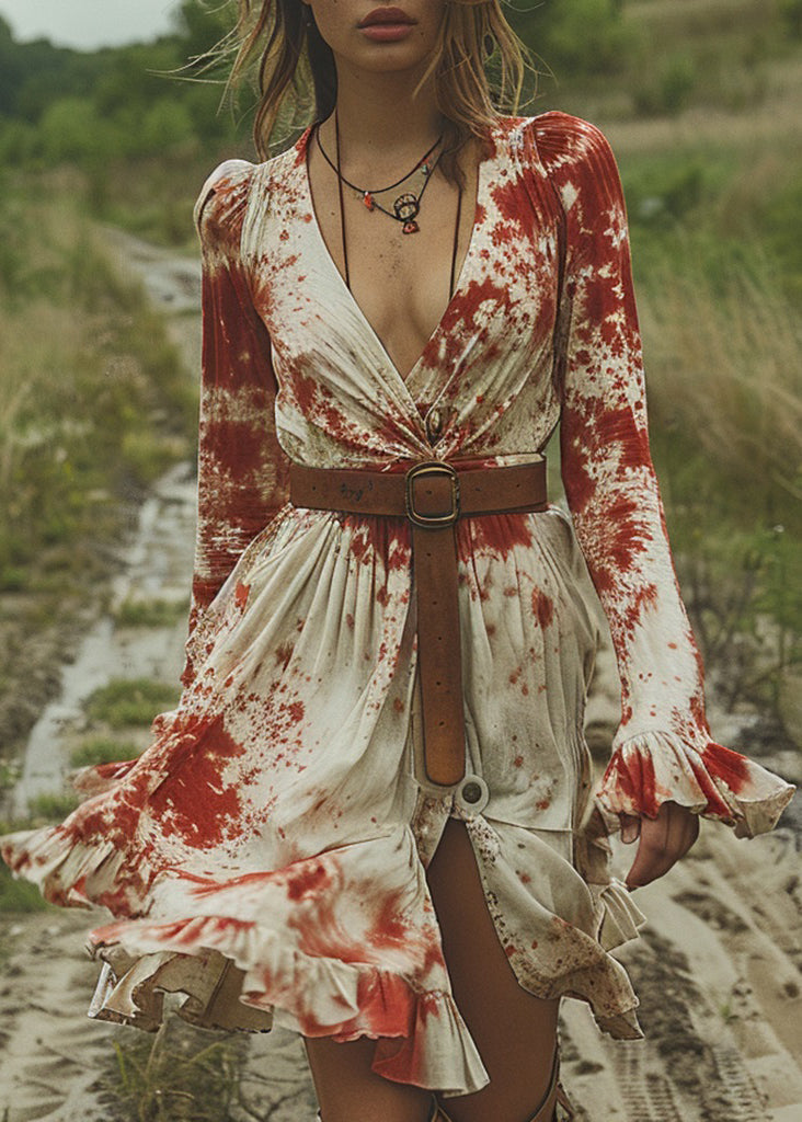 Fitted V Neck Ruffled Tie Dye Cotton Dresses Flare Sleeve