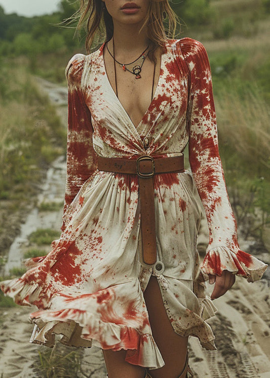 Fitted V Neck Ruffled Tie Dye Cotton Dresses Flare Sleeve