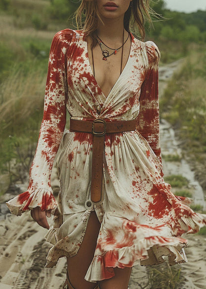 Fitted V Neck Ruffled Tie Dye Cotton Dresses Flare Sleeve