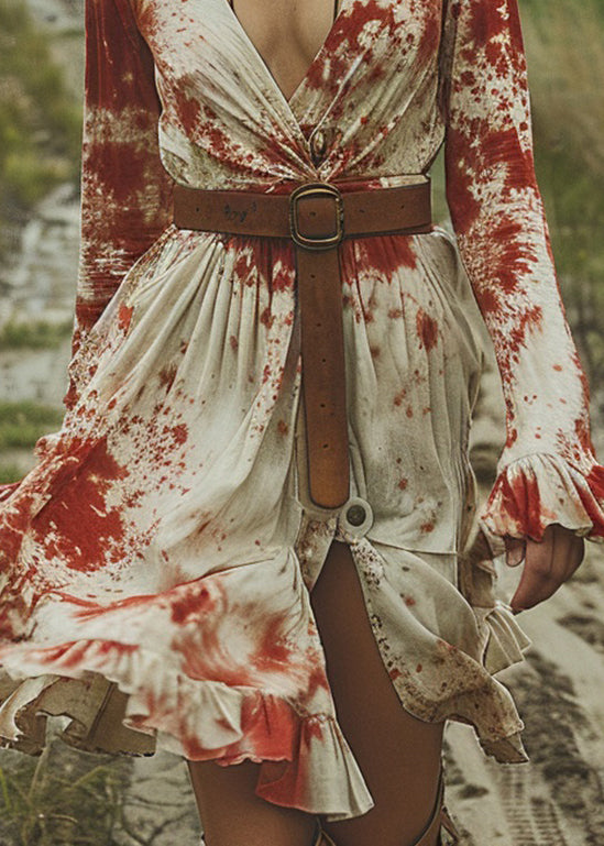 Fitted V Neck Ruffled Tie Dye Cotton Dresses Flare Sleeve