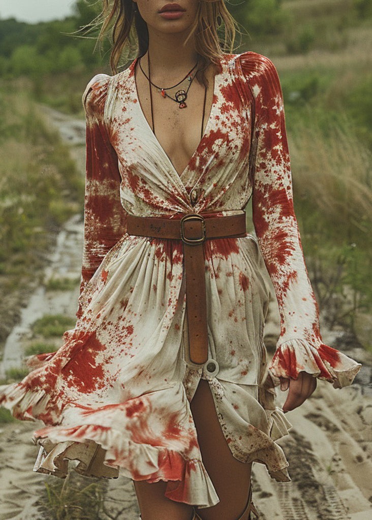 Fitted V Neck Ruffled Tie Dye Cotton Dresses Flare Sleeve