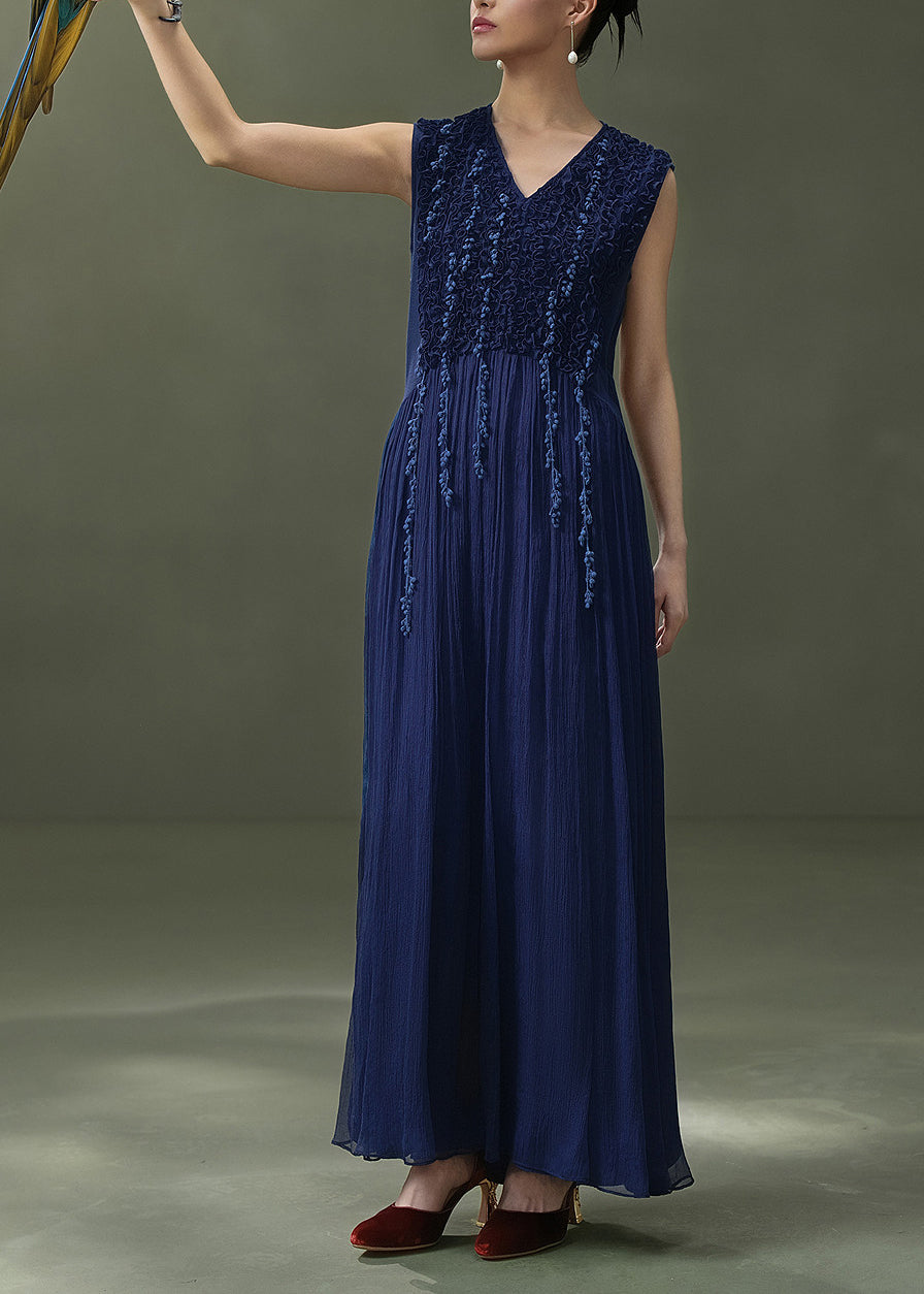 Fitted V Neck Wrinkled Trim Long Dress Sleeveless